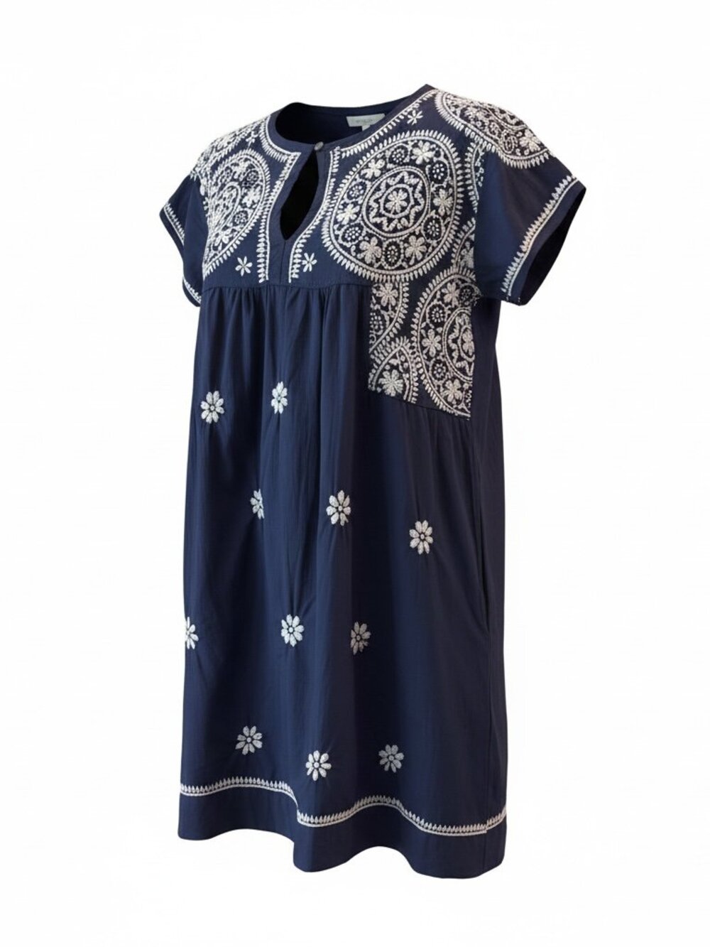Dolma Blue Hand Embroidered Cotton Boho Floral Tunic Dress Size S